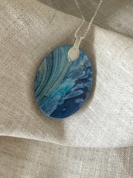 Blue Morning Glory Flower Glass Pendant - Oval 1971 Romanian Postage Stamp