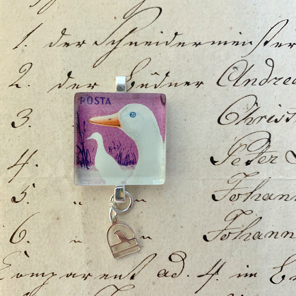 Square Journal/Bag Charm - 1970s Bird Postage Stamp from Hungary