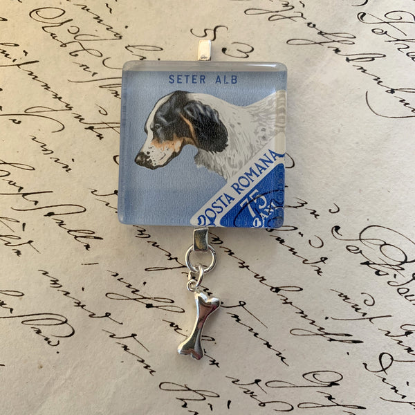 Larger Square Journal/Bag Charm - 1965 English Setter Dog Postage Stamp from Romania