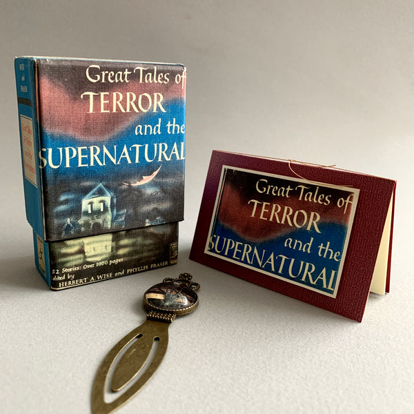 Magic the Gathering Brass Bookmark in Trinket Box Decoupaged w/ Retro Tales of Terror BookBrass Bookmark and Notecard in Decoupaged Keepsake Box
