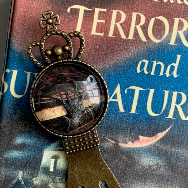 Magic the Gathering Brass Bookmark in Trinket Box Decoupaged w/ Retro Tales of Terror BookBrass Bookmark and Notecard in Decoupaged Keepsake Box