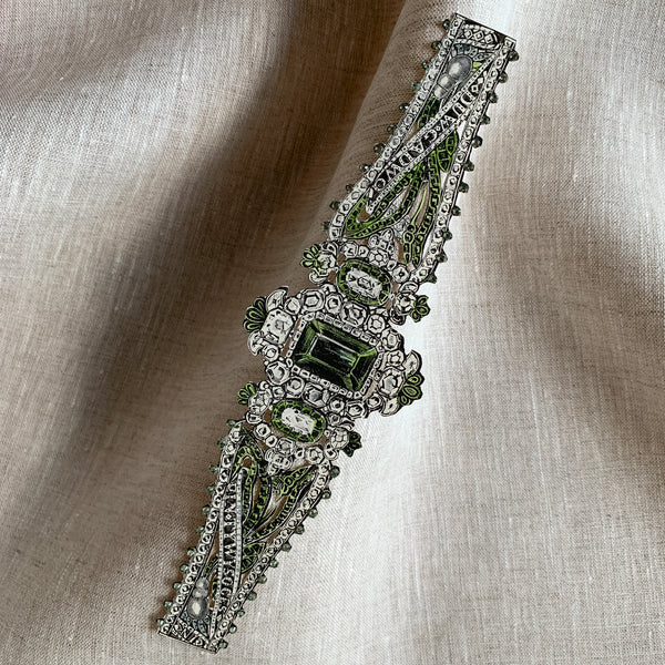 1864 Paper Brooch Engraving - Hand-embellished, Hand-painted green bracelet