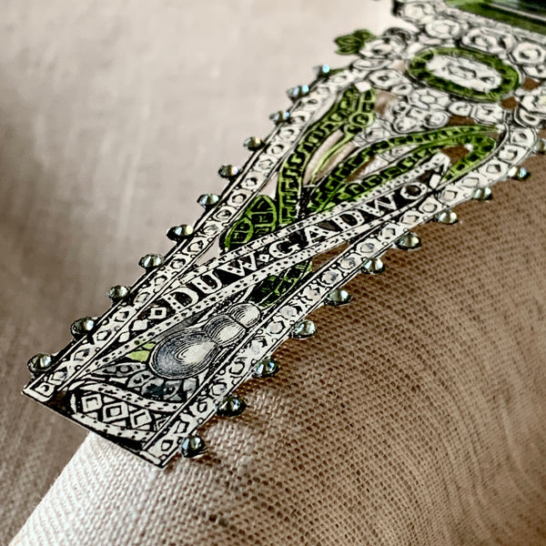 1864 Paper Brooch Engraving - Hand-embellished, Hand-painted green bracelet