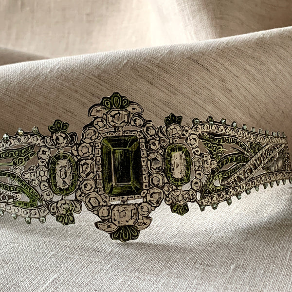 1864 Paper Brooch Engraving - Hand-embellished, Hand-painted green bracelet