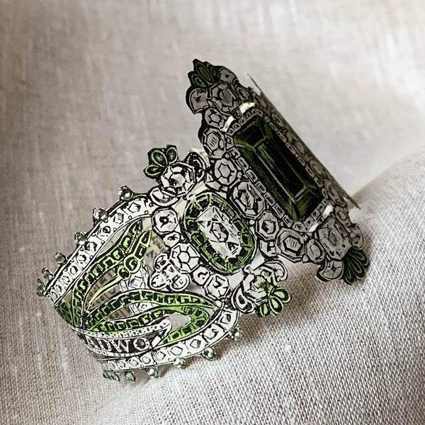 1864 Paper Brooch Engraving - Hand-embellished, Hand-painted green bracelet
