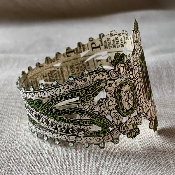 1864 Paper Brooch Engraving - Hand-embellished, Hand-painted green bracelet