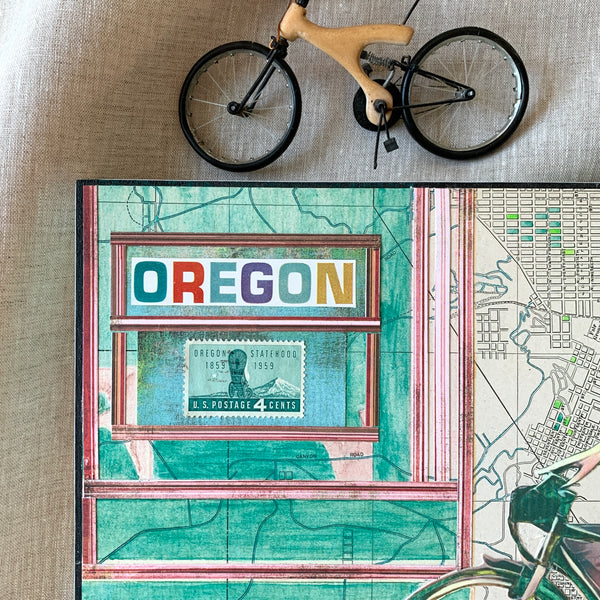 Cycling in Portland - Handcrafted Mixed Media Collage -  Original Art Collage on Wood Panel