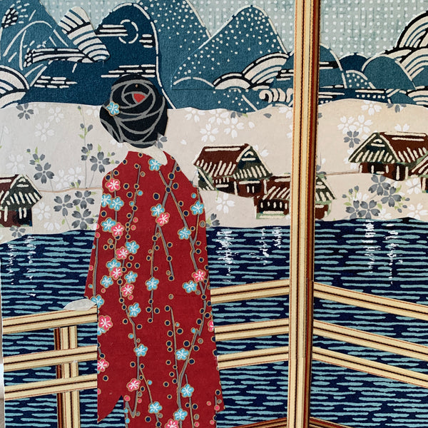View from the Ryokan - Chiyogami Paper Collage on Wood Panel