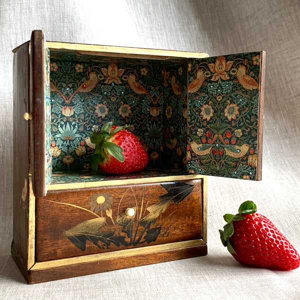 The Strawberry Thief. Hand-embellished 1930s Vintage Miniature Japanese Display Wooden Box