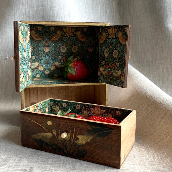 The Strawberry Thief. Hand-embellished 1930s Vintage Miniature Japanese Display Wooden Box