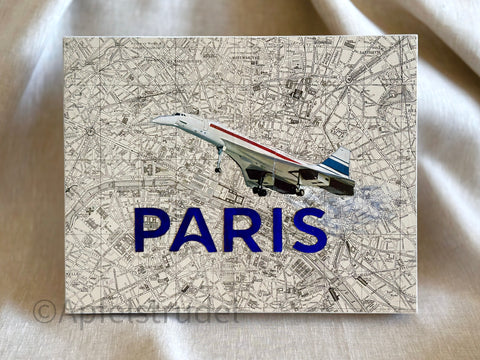 Rare Concorde Jet on 1924 map of Paris, France. Original Map Art Collage on Wood Panel
