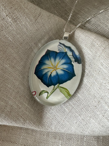 Blue Morning Glory Flower Glass Pendant - Oval 1971 Romanian Postage Stamp