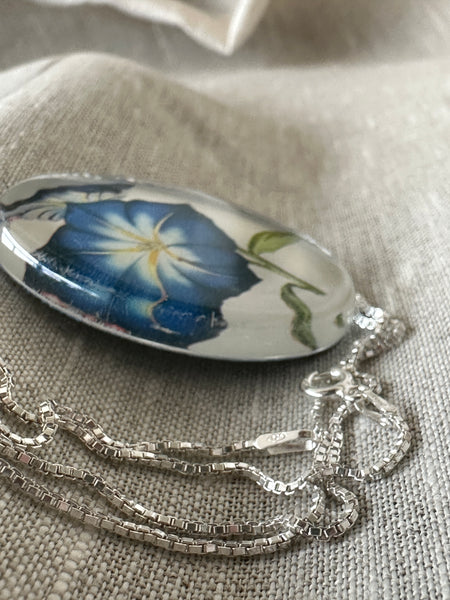 Blue Morning Glory Flower Glass Pendant - Oval 1971 Romanian Postage Stamp