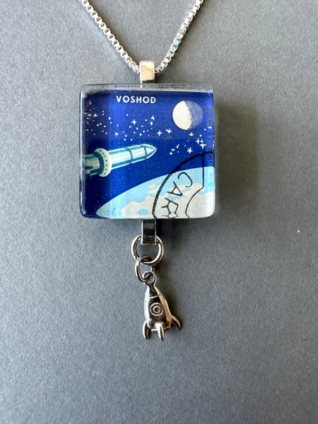 Square Journal/Bag Charm - 1964 Space Exploration Postage Stamp from Romania