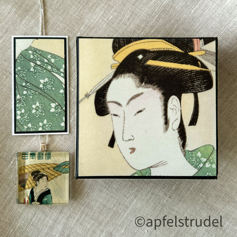 Japanese Lady in Kimono Glass Pendant - Square 1958 Postage Stamp Pendant