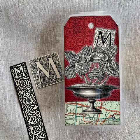 Handcrafted Luggage Tag: The letter M / Wine Glasses