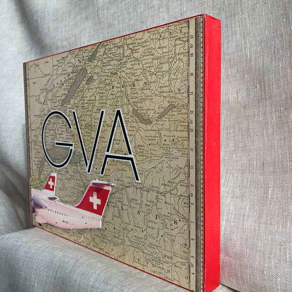 GVA Geneva Airport, Switzerland. Original Map Art Collage on Wood Panel