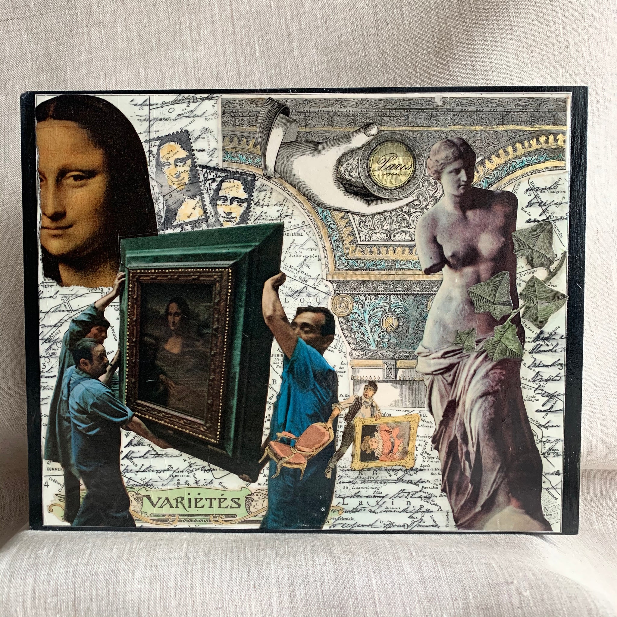The Mona Lisa. A Moveable Feast. Original Map Art Collage on Wood Panel