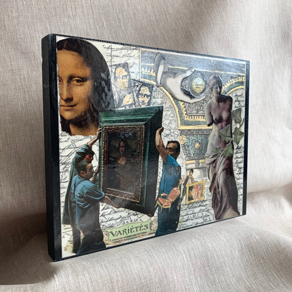 The Mona Lisa. A Moveable Feast. Original Map Art Collage on Wood Panel