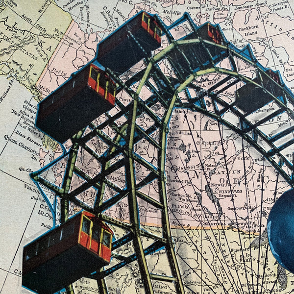 Ferris Wheel. Original Map Art Collage on Wood Panel