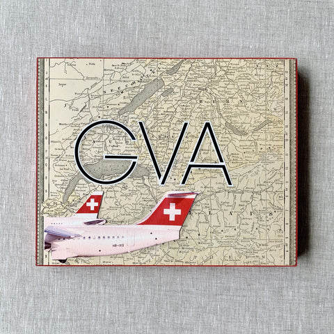 GVA Geneva Airport, Switzerland. Original Map Art Collage on Wood Panel