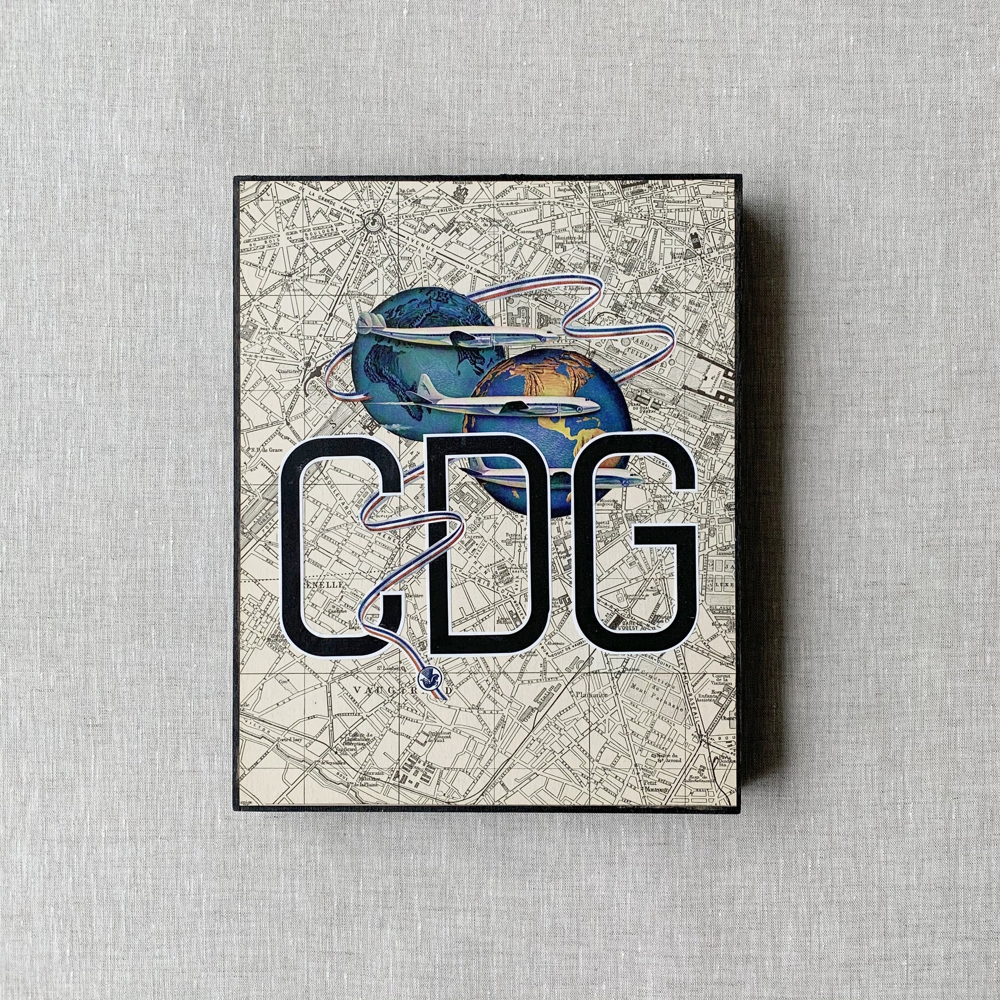 CDG Charles de Gaulle Airport, Paris, France. Original Map Art Collage on Wood Panel