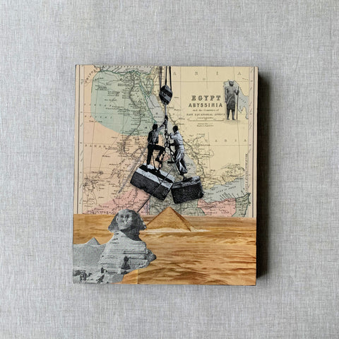 Building the Pyramids. Original Map Art Collage on Wood Panel