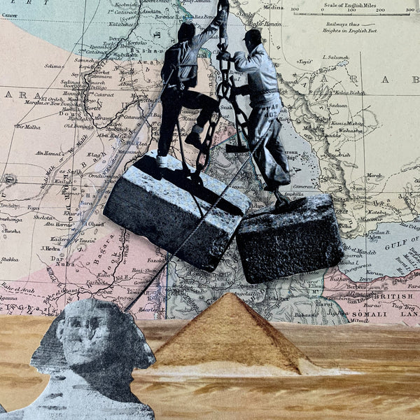 Building the Pyramids. Original Map Art Collage on Wood Panel