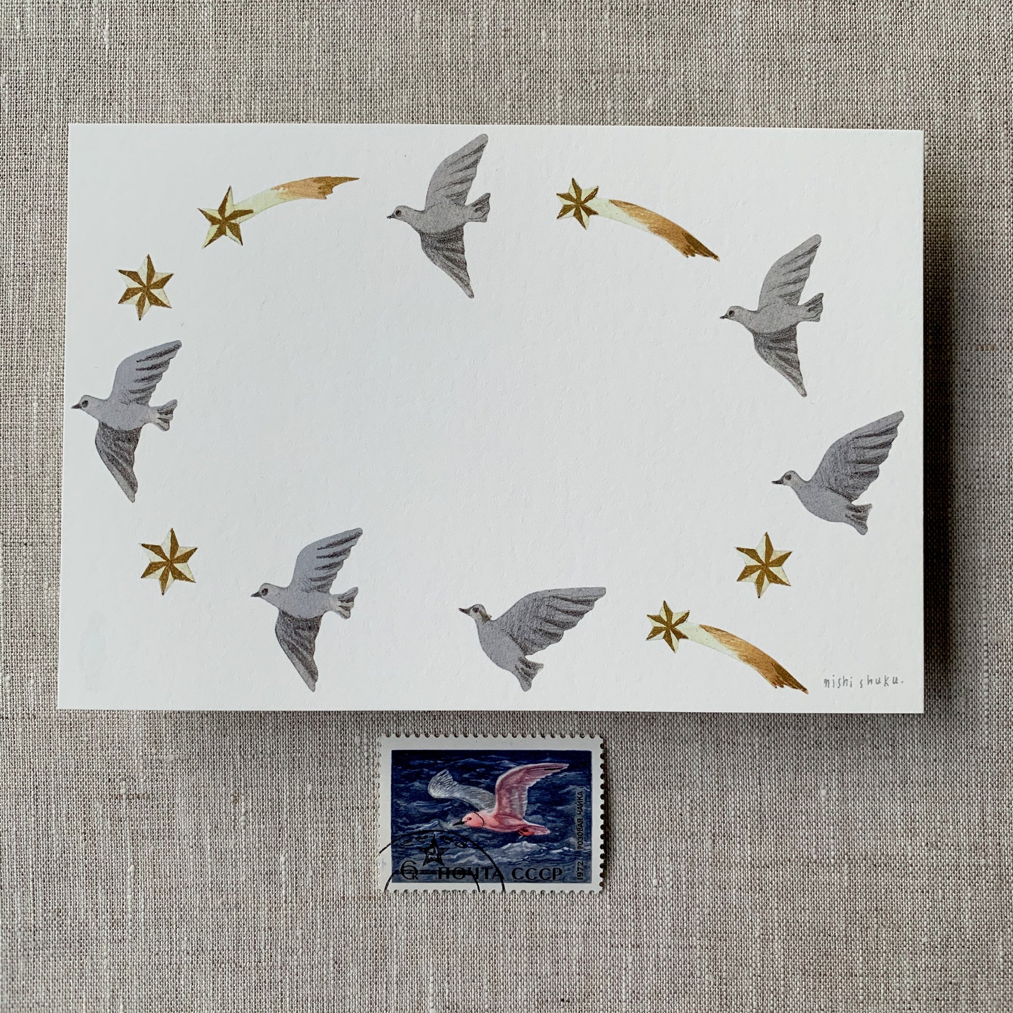 Nishi Shuku Postcard - Birds Chasing Comets - Japanese Stationery