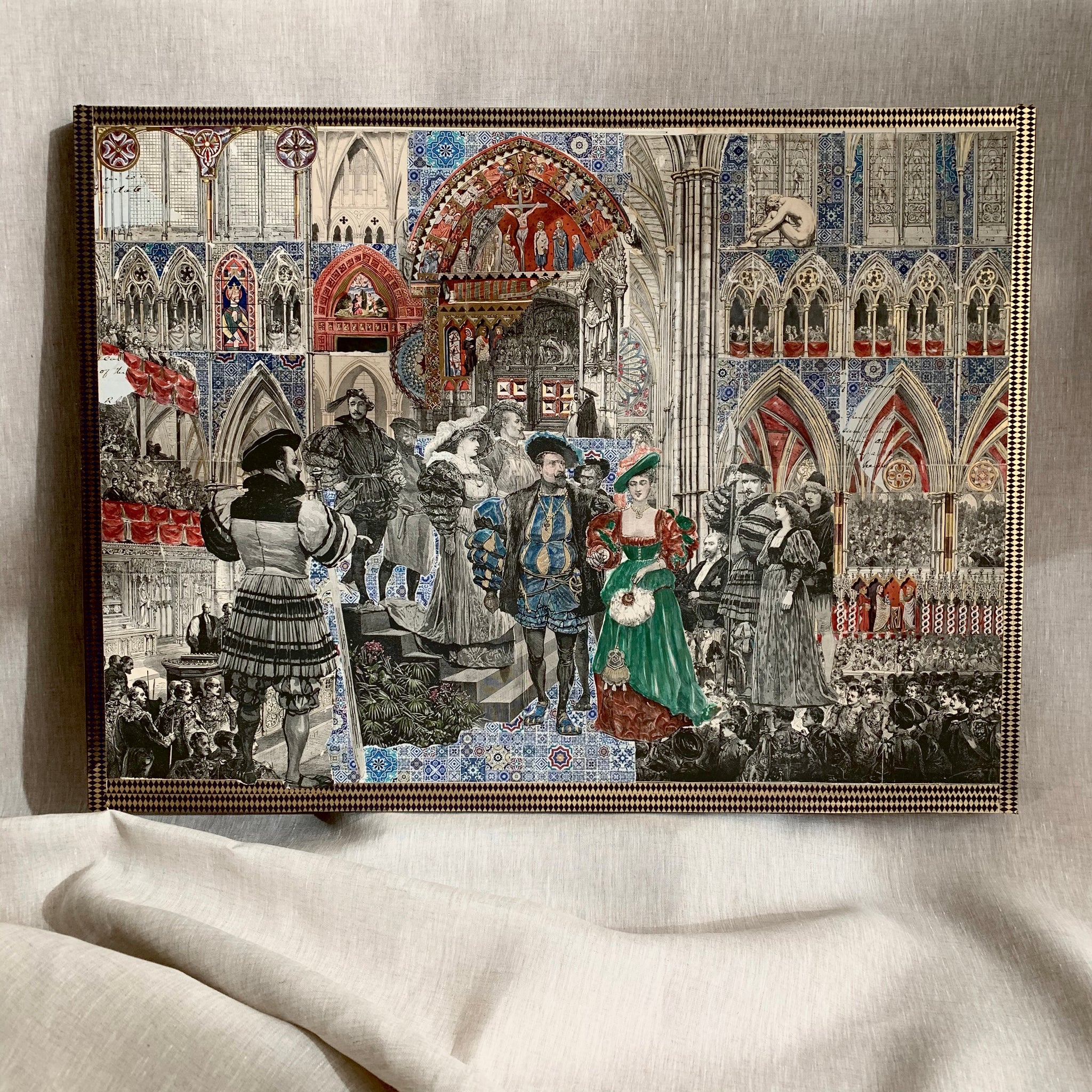 A Wedding in England. Large Original Mixed Media Art Collage on Wood Panel