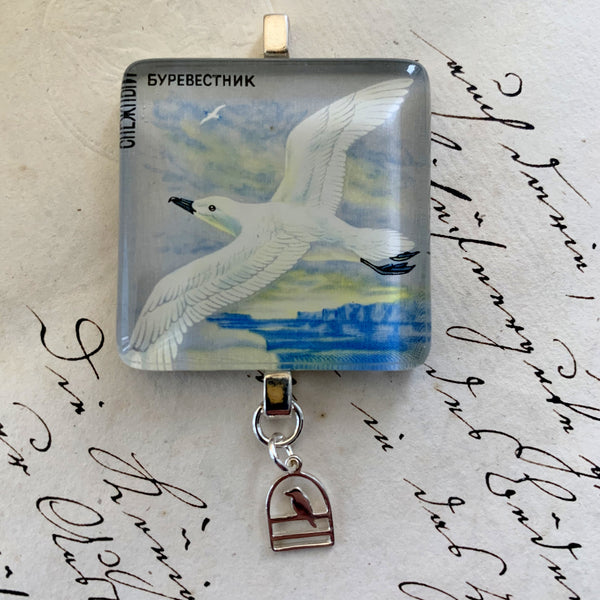 Larger Square Journal/Bag Charm - Vintage Bird Postage Stamp