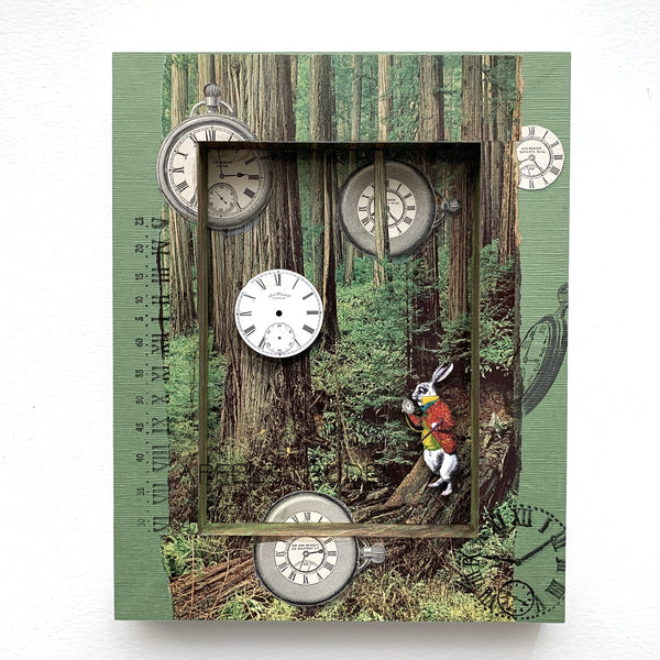 Alice in Wonderland Handcrafted Mixed Media Collage -The White Rabbit - with Genuine Watch Part & 1800s ephemera. Original Art Collage on Wood Panel