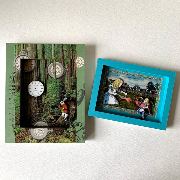 Alice in Wonderland Handcrafted Mixed Media Collage -The White Rabbit - with Genuine Watch Part & 1800s ephemera. Original Art Collage on Wood Panel