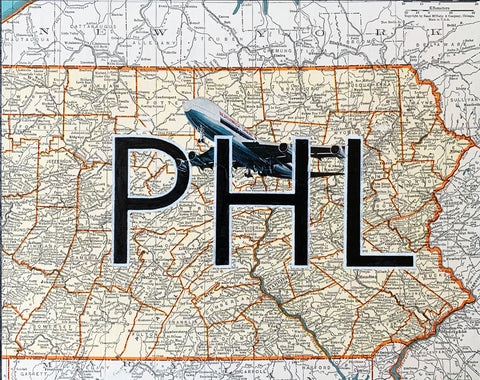 PHL Philadelphia International Airport. Original Map Art Collage on Wood Panel