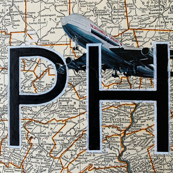 PHL Philadelphia International Airport. Original Map Art Collage on Wood Panel