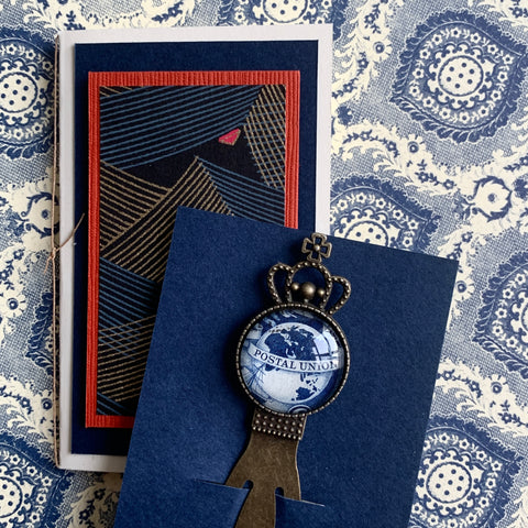 Globe Brass Bookmark and Notecard in Decoupaged Keepsake Box