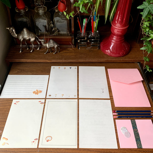 Pink Mushroom Writing Paper, Envelopes, and Seal Set - Japanese Stationery