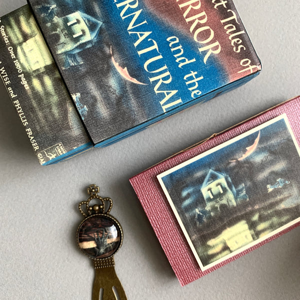 Magic the Gathering Brass Bookmark in Trinket Box Decoupaged w/ Retro Tales of Terror BookBrass Bookmark and Notecard in Decoupaged Keepsake Box
