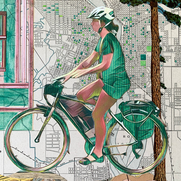 Cycling in Portland - Handcrafted Mixed Media Collage -  Original Art Collage on Wood Panel