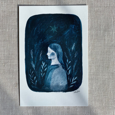 Nishi Shuku Postcard - Woman in Blue - Japanese Stationery